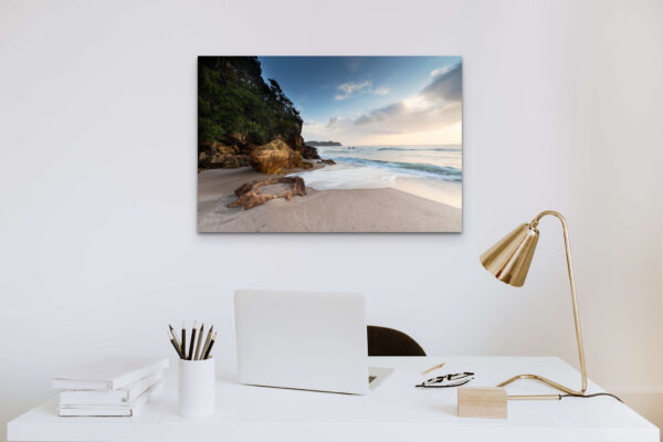 Acrylic mount fine art print fro hot Water Beach in a home office.